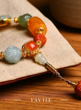 天然俄料老蜜蜡和田玉南红翡翠多宝手串女S925银镀18K金手链礼物