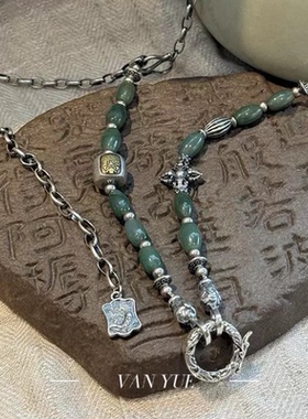 S925银复古做旧天然和田玉山鬼吊坠女项链小众配饰百搭精致新中式