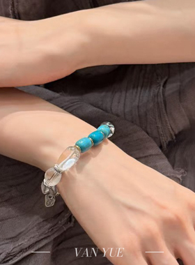 S925银随形白水晶绿松石六字真言上上福松石隔珠弹力手串