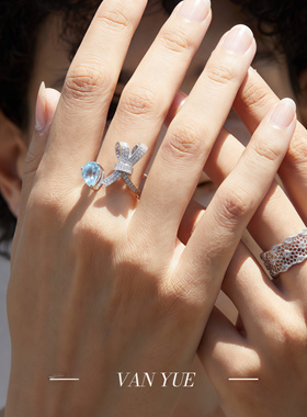 S925银天然托帕石戒指活口气质蝴蝶结海蓝彩宝开口指环高品质银饰