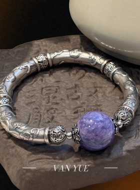 S925银紫龙晶圆珠荷花弯管祥云珠弹力手串女新中式精致小众礼物