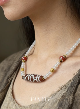 原创新中式藏传风红肉富龟甲天珠玛瑙锁骨链 小众高级感颈链