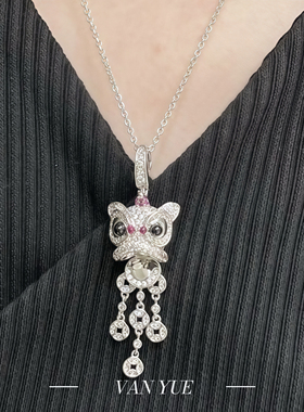 S925银满钻醒狮铜钱流苏项链国潮复古吊坠项链小众设计感饰品女