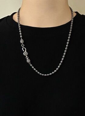 S925纯银鸢尾花切面珠项链复古重工男女款嘻哈摇滚风裸链百搭个性