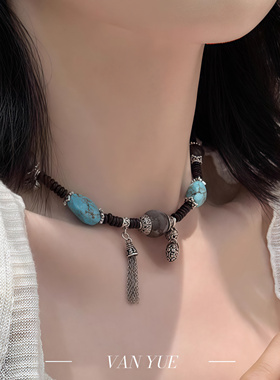 S925银绿松石灰月光黑色椰壳六字真言流苏祥云锁项链