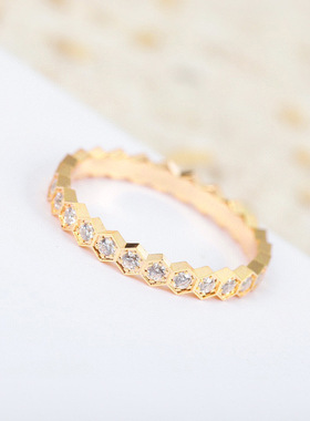 潮流新款尚美家指环钛钢蜂巢戒指女情侣满天星对戒玫瑰金蜂窝戒