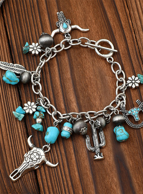 复古西部牛仔风绿松石牛头花朵羽毛链条手链 潮流简约绿松石手串