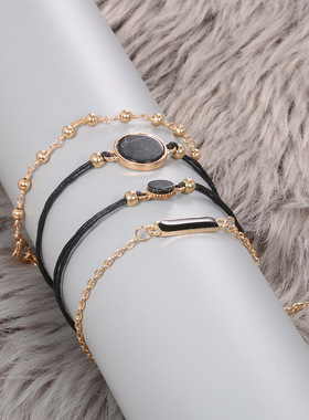 跨境热销个性黑松石花纹欧美风4件套手饰手工链条黑方块潮流手链