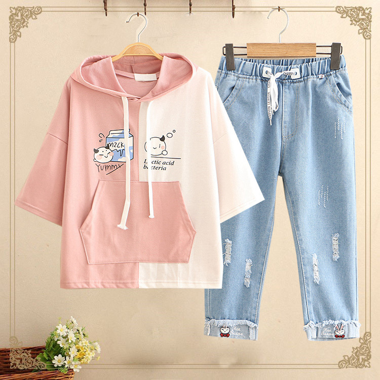 初中学生夏装女套装12-15岁13卫衣 紫贝壳少女学生装T恤