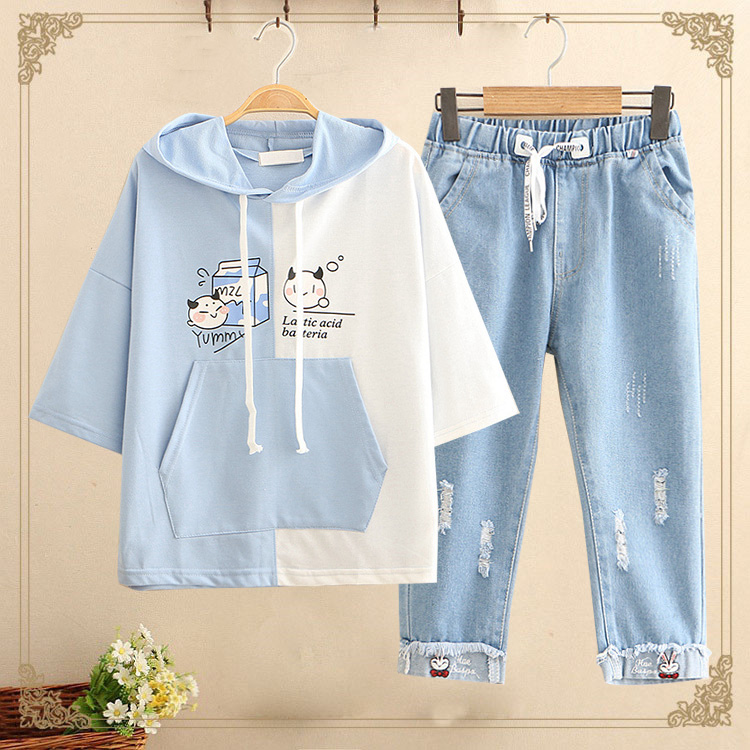 初中学生夏装女套装12-15岁13卫衣 紫贝壳少女学生装T恤