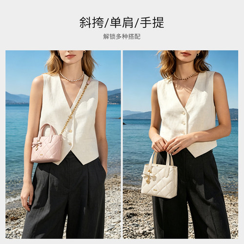 七夕节礼物送礼ELLE女包2026新款蝴蝶结粉色小包菱格纹手提包时尚 - 图2