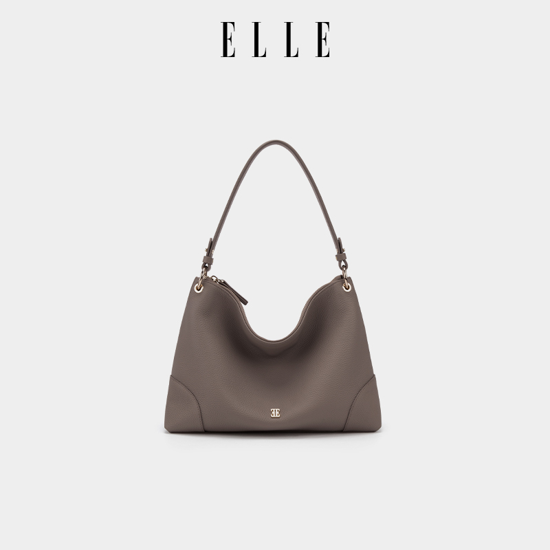 新品首发ELLE女包头层牛皮荔枝纹HOBO包大容量托特包通勤腋下包女 - 图0