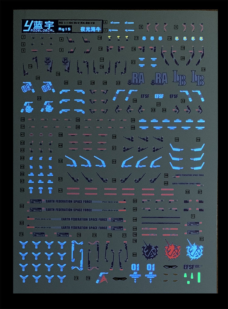 蓝宇 RG 1/144海牛夜光水贴HI-V高达模型 RX-93-V2阿姆罗荧光贴纸 - 图2