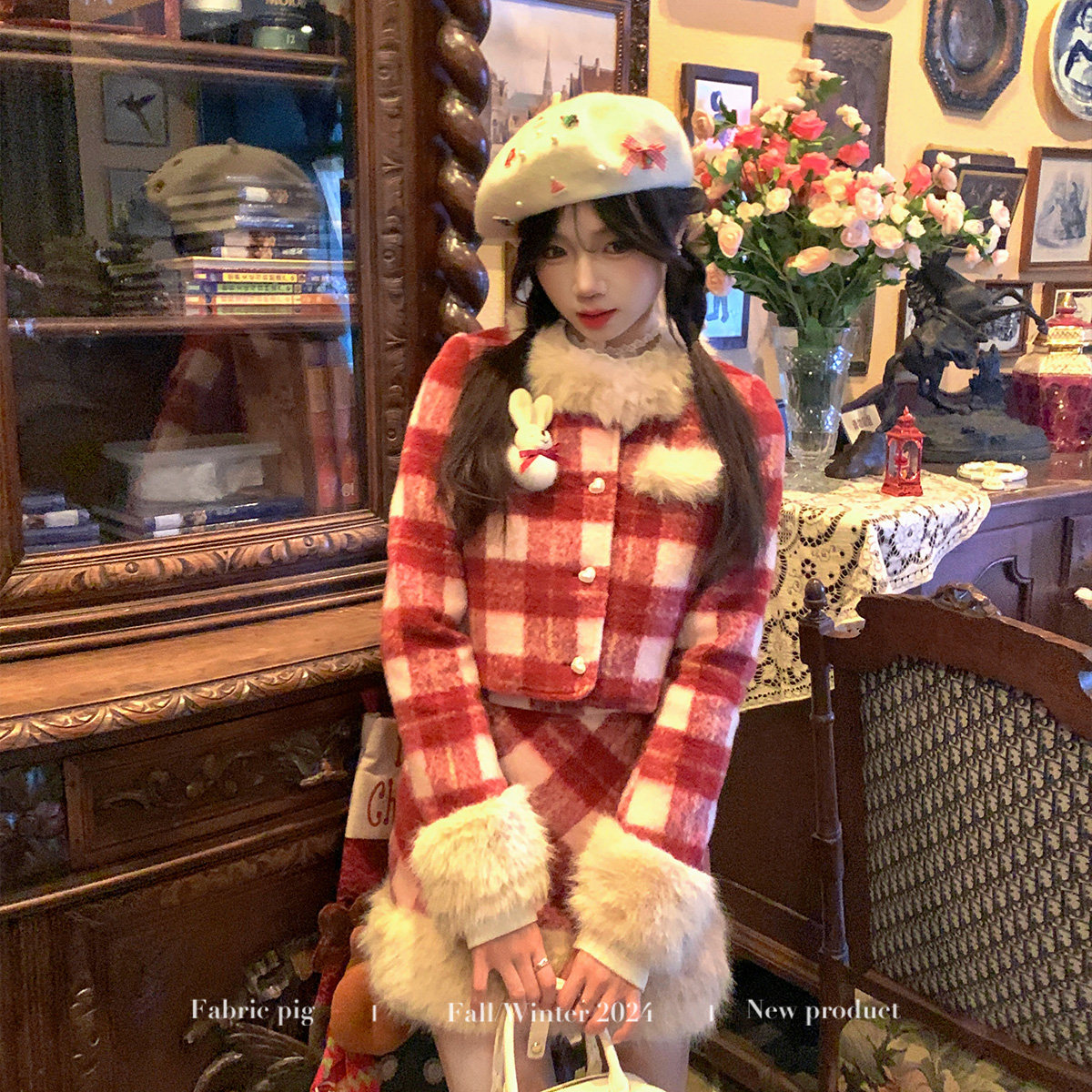 织物猪 新年晚宴 复古红色格纹毛呢套装女冬季夹棉加厚半裙两件套,淘宝优惠券,粉丝福利购,淘宝优惠卷