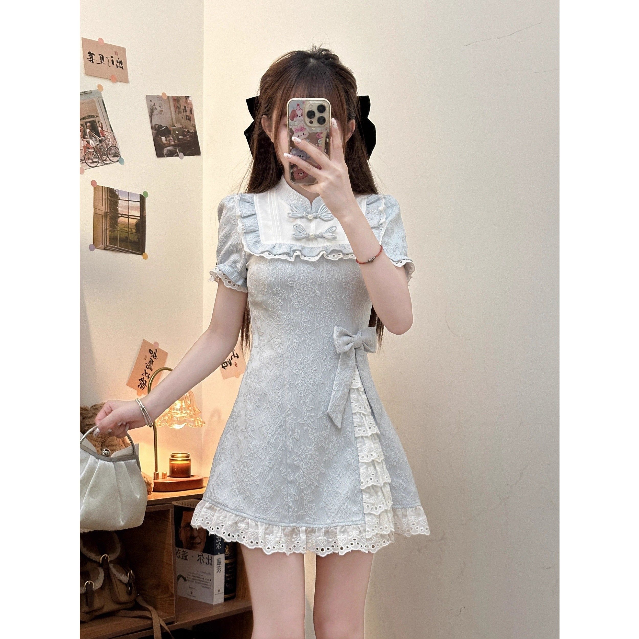 织物猪 蓝调甜茶 少女新中式连衣裙女夏季国风气质蓝色收腰短裙子,淘宝优惠券,粉丝福利购,淘宝优惠卷