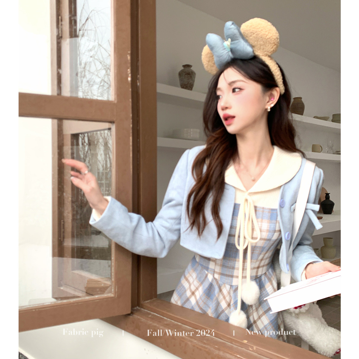 织物猪 摩卡小熊 蓝色假两件格纹连衣裙女秋冬少女学院风花苞长裙,淘宝优惠券,粉丝福利购,淘宝优惠卷