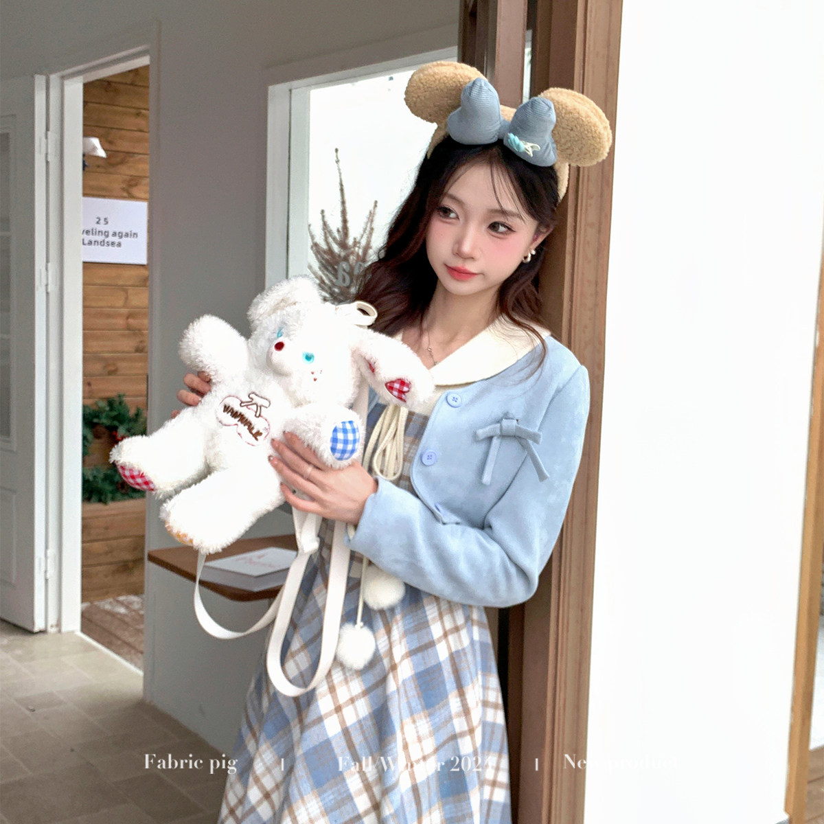 织物猪 摩卡小熊 蓝色假两件格纹连衣裙女秋冬少女学院风花苞长裙,淘宝优惠券,粉丝福利购,淘宝优惠卷