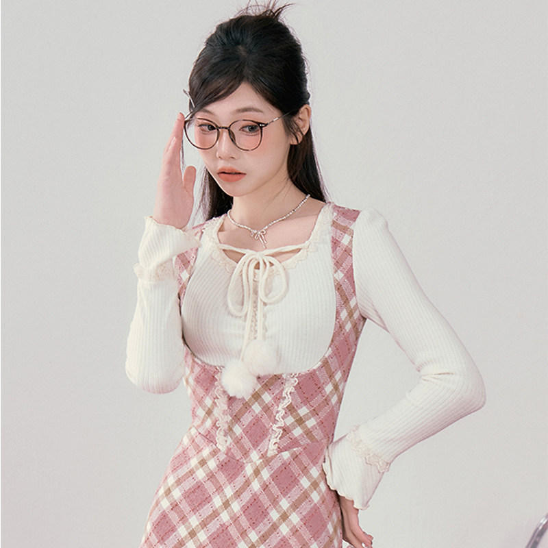 织物猪 绒球甜心 粉色假两件格纹连衣裙女秋冬内搭甜美气质长裙子,淘宝优惠券,粉丝福利购,淘宝优惠卷