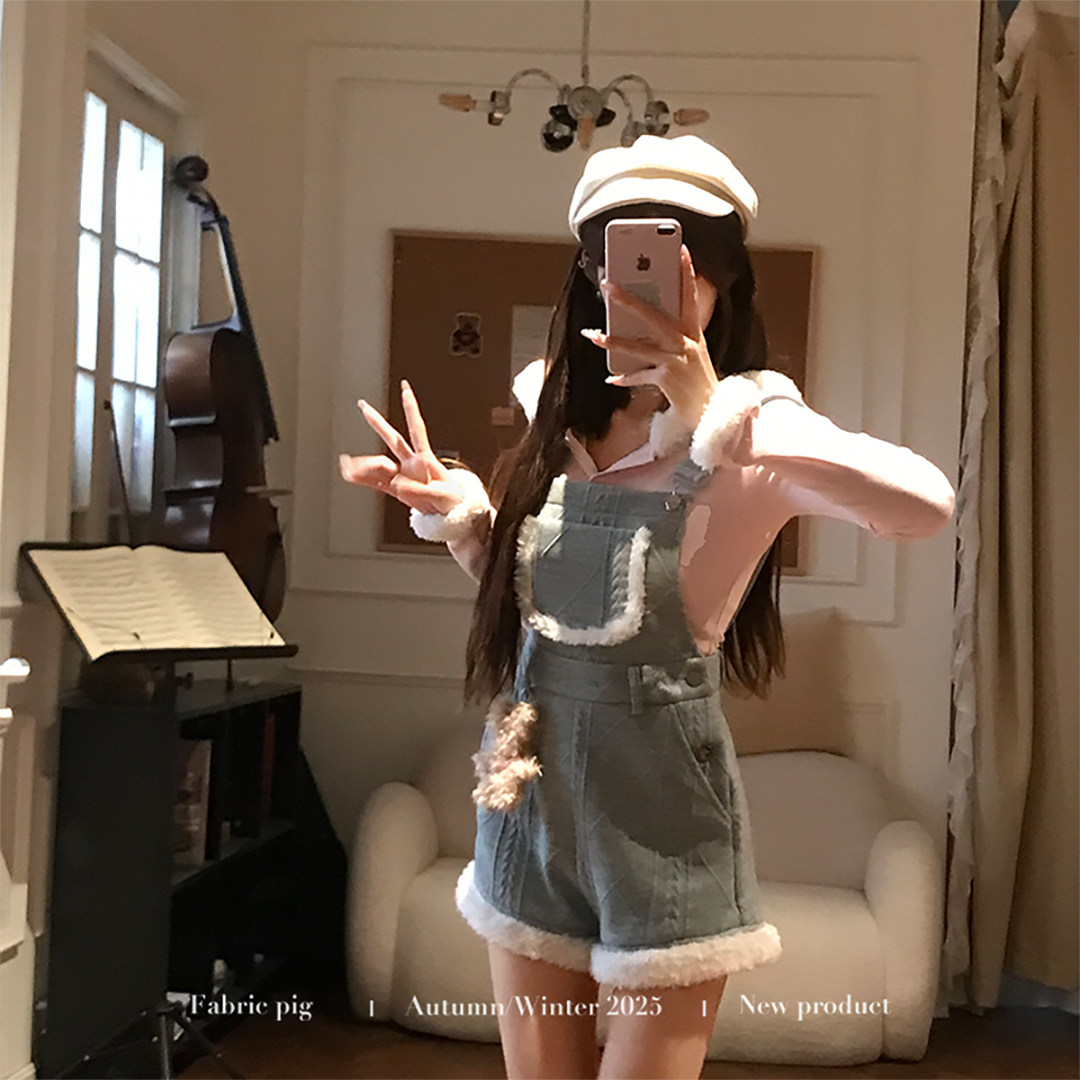 织物猪 蓝绒奶糖 设计感休闲蓝色背带裤女秋冬减龄毛边连体短裤子,淘宝优惠券,粉丝福利购,淘宝优惠卷