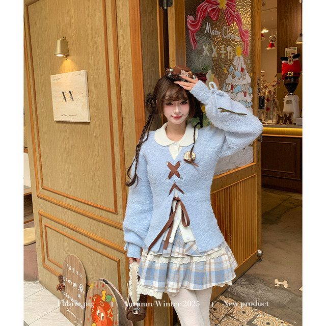 Fabric Pig Senyu Tangqiao Sweet retro style blue fake two-piece sweater for women winter lazy sweater jacket
