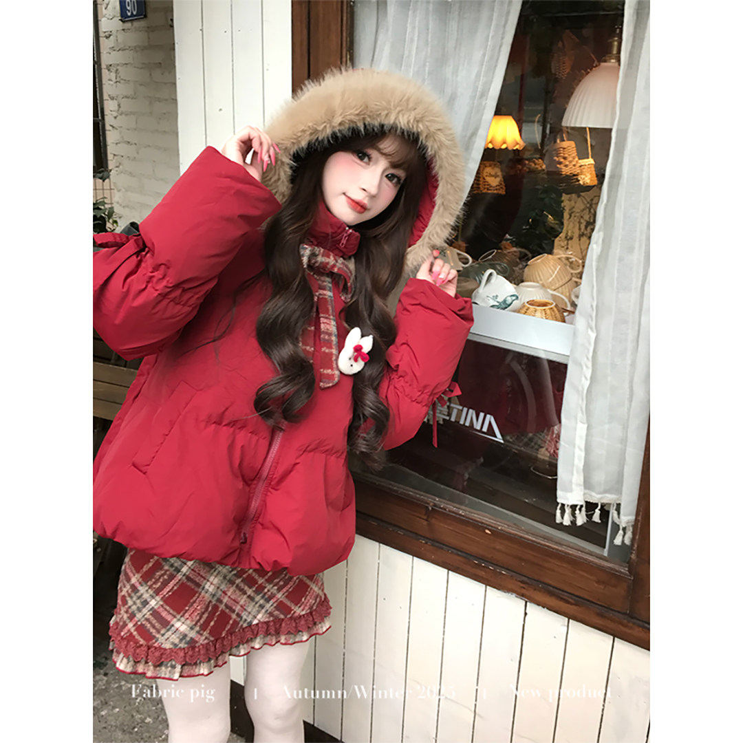 织物猪 黄油软糖 甜美风红色短款棉服外套女冬季可爱连帽新年棉袄,淘宝优惠券,粉丝福利购,淘宝优惠卷