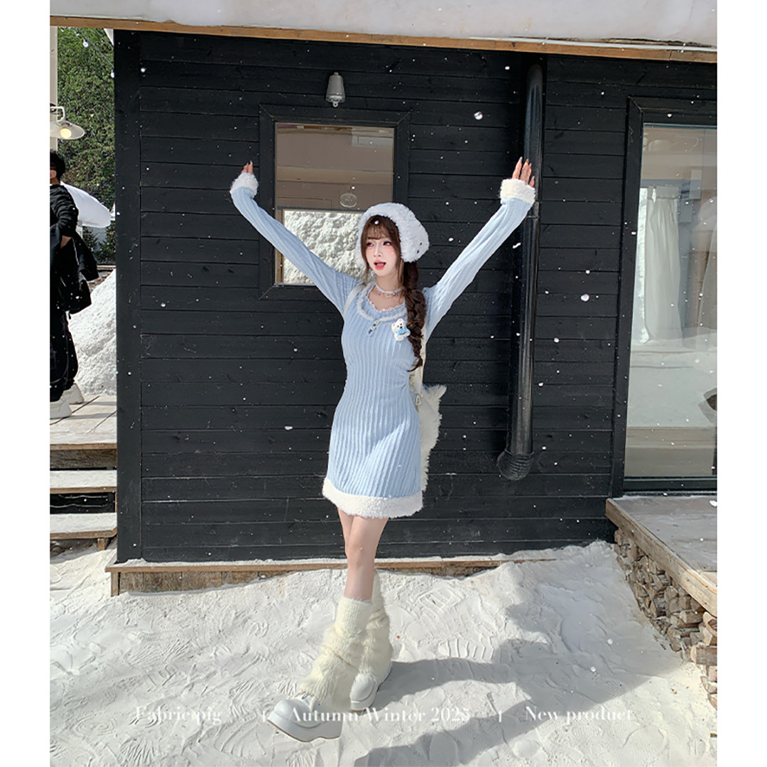 织物猪 夹心泡芙 甜欲风蓝色针织长袖连衣裙女秋冬穿搭毛衣短裙子,淘宝优惠券,粉丝福利购,淘宝优惠卷