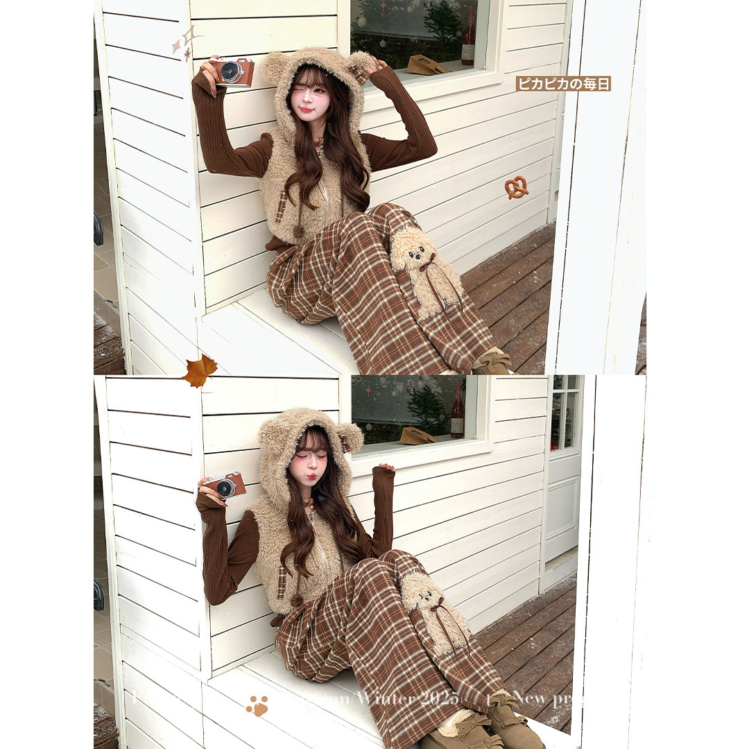 织物猪 栗子小熊 复古学院风假两件连帽卫衣女秋冬长袖短外套套装,淘宝优惠券,粉丝福利购,淘宝优惠卷