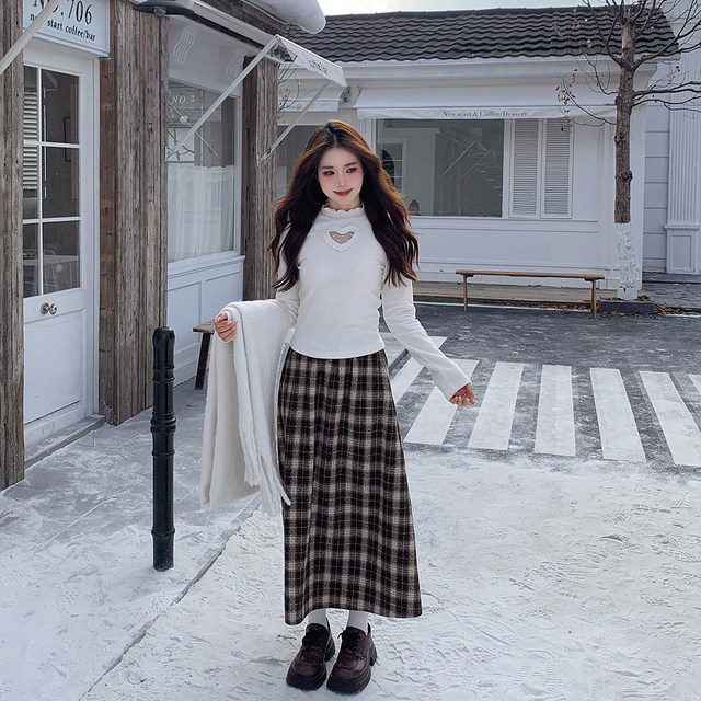 织物猪 奶油摩卡 咖色毛呢外套女秋冬中长款复古格牛角扣夹棉大衣