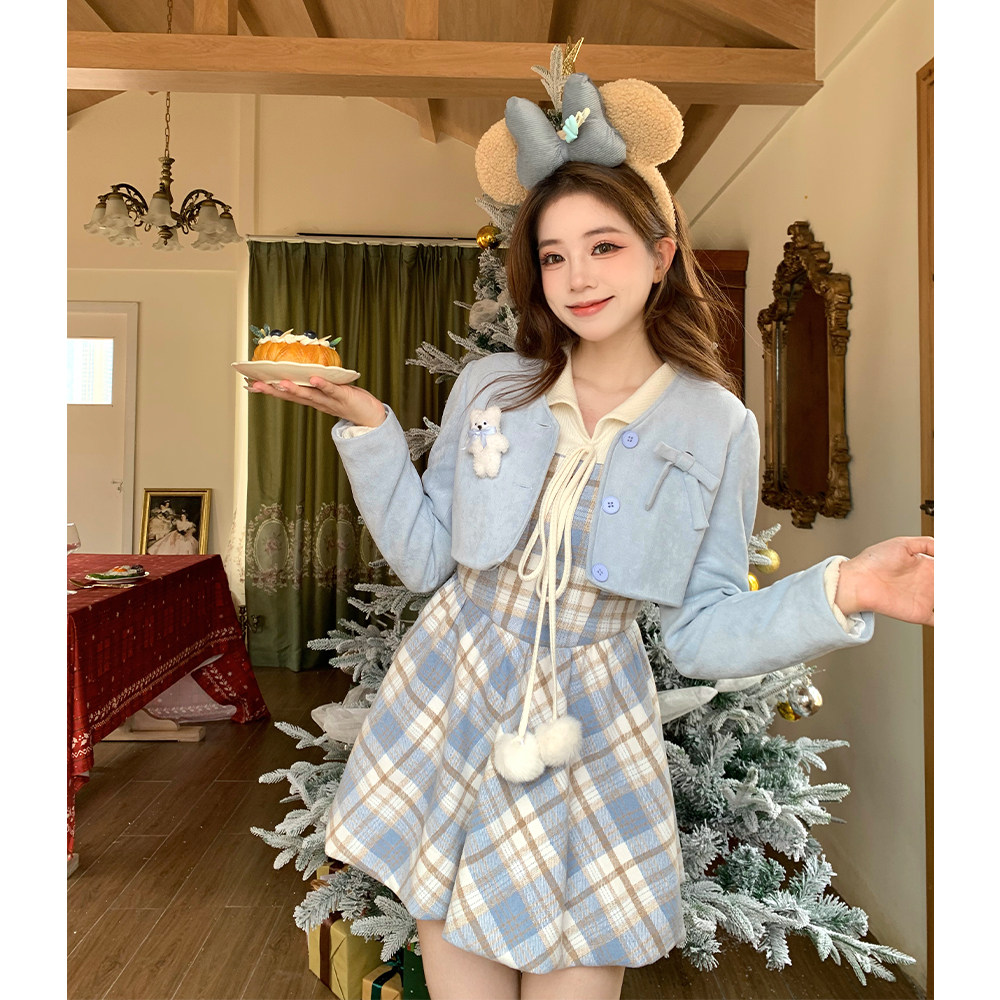 织物猪 摩卡小熊 棕色假两件格纹连衣裙女秋冬少女学院风花苞短裙,淘宝优惠券,粉丝福利购,淘宝优惠卷