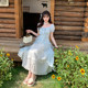 Fabric Pig Butterfly Whispers Blue Slit Plaid Dress Women's Summer Cake White Skirt Long Skirt