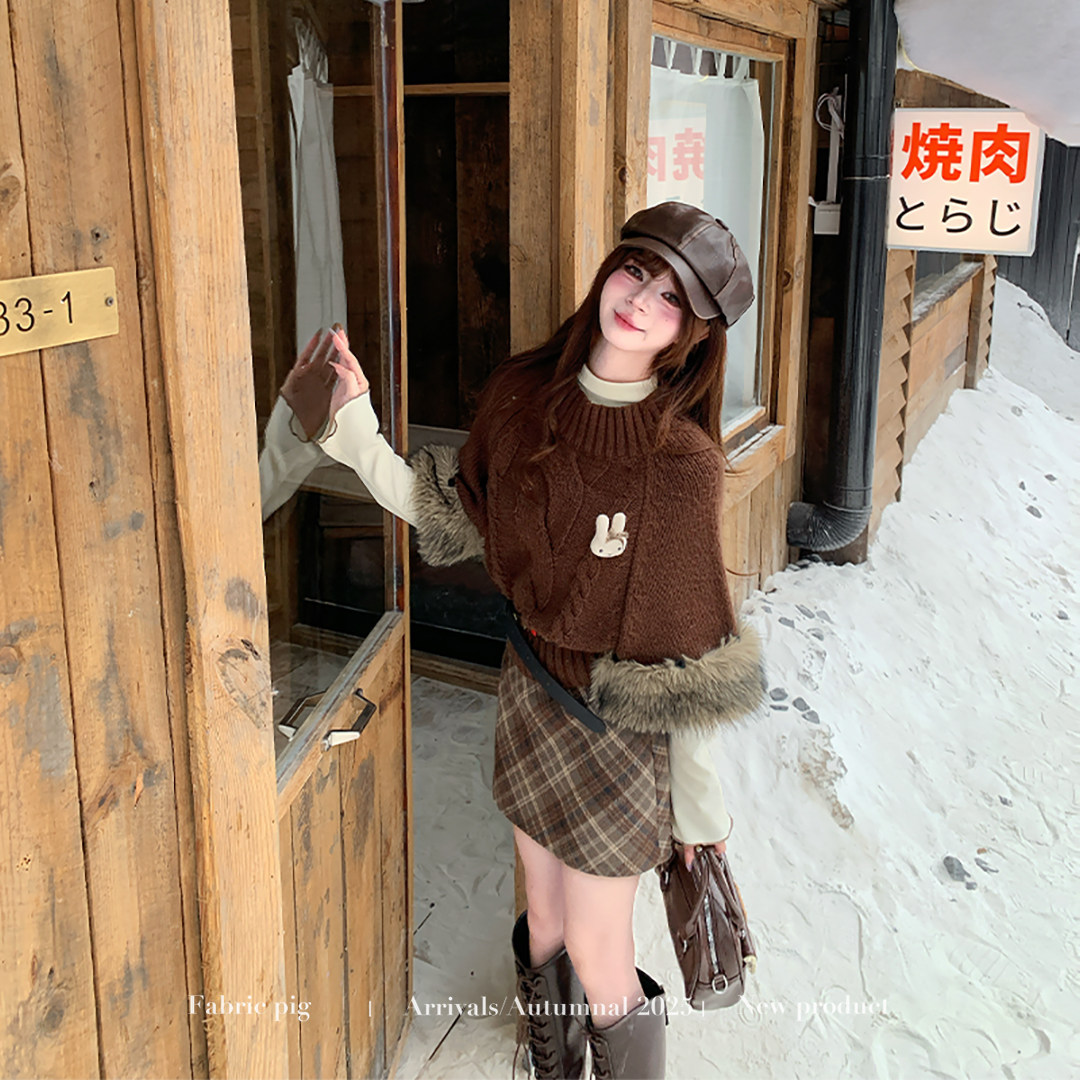 织物猪 榛果可可 秋冬复古美拉德斗篷毛衣套装女短裙打底衫三件套,淘宝优惠券,粉丝福利购,淘宝优惠卷