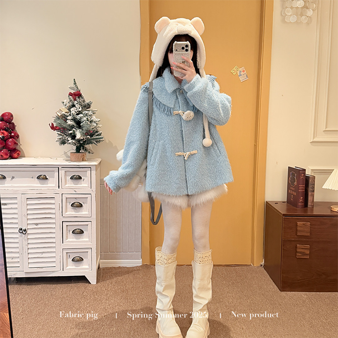 织物猪 冬日绵绵冰 甜美风蓝色毛外套女冬季设计感加绒翻领短大衣,淘宝优惠券,粉丝福利购,淘宝优惠卷