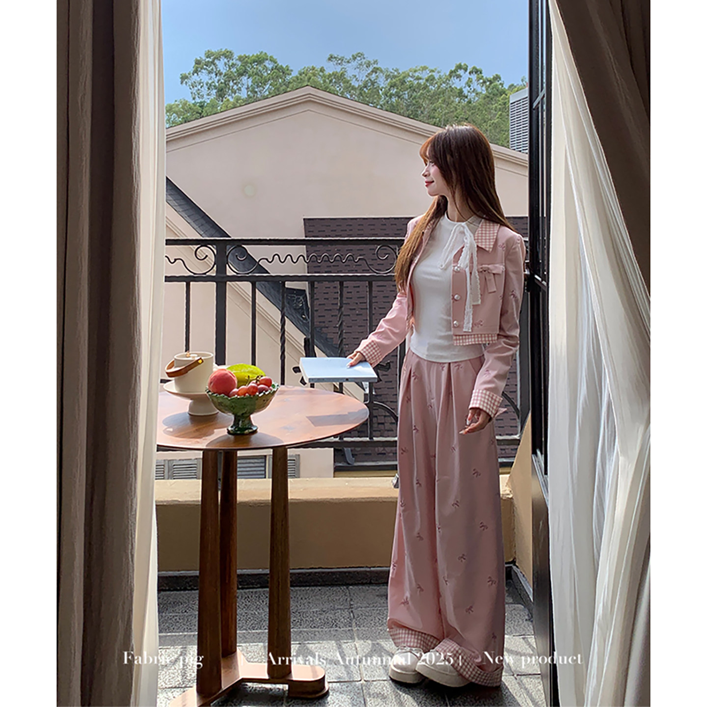 织物猪 巴黎甜心 甜美风粉色休闲套装女春季短款外套高腰阔腿长裤,淘宝优惠券,粉丝福利购,淘宝优惠卷