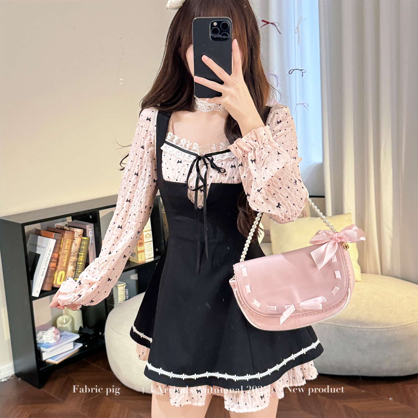 织物猪 甜莓公主 甜美风假两件拼接连衣裙女秋蝴蝶结印花波点短裙