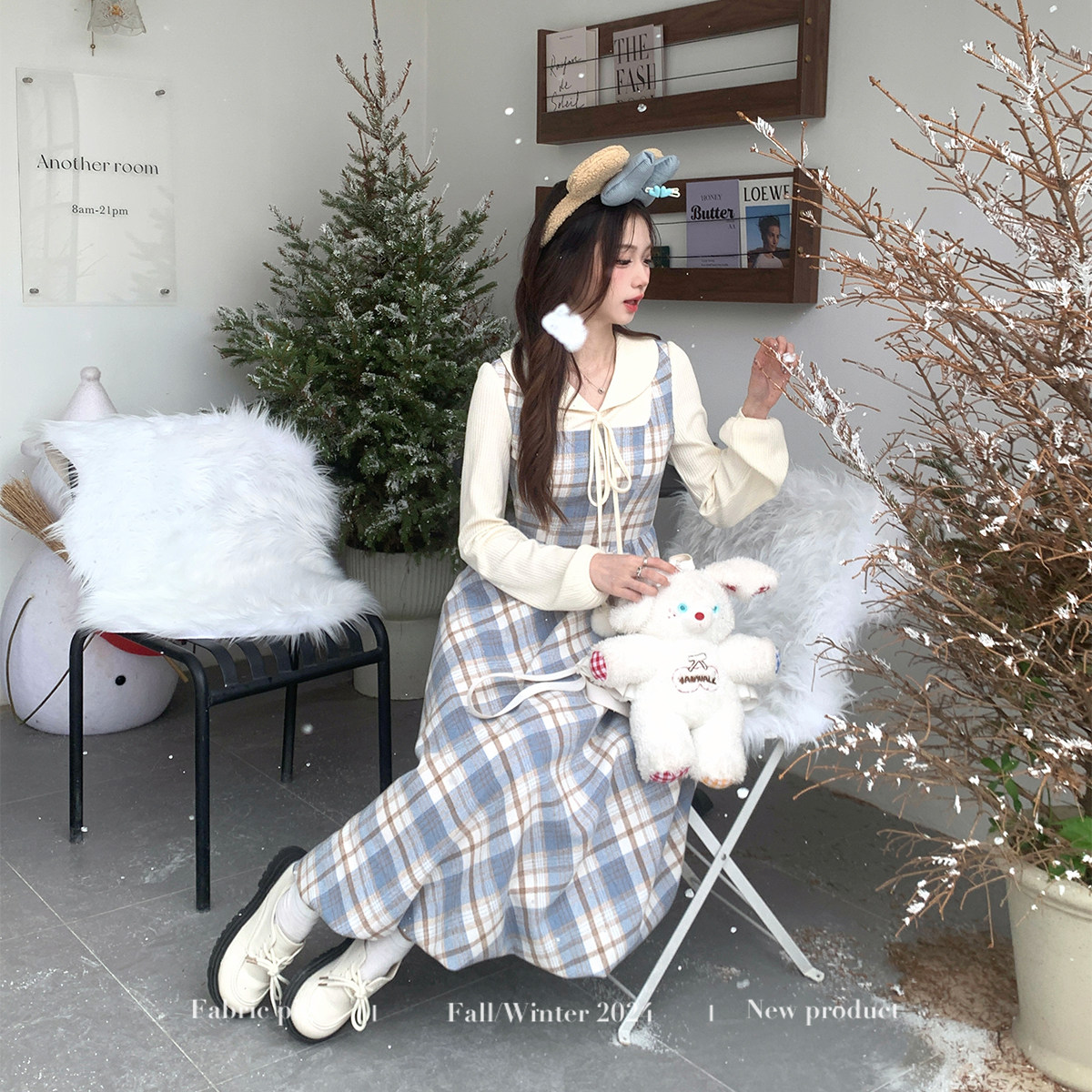 织物猪 摩卡小熊 蓝色假两件格纹连衣裙女秋冬少女学院风花苞长裙,淘宝优惠券,粉丝福利购,淘宝优惠卷