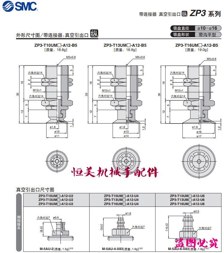 ZP3真空吸盘ZP3-T04/T06/T08/T10/T13/T16UMN/UMS-A10/A12-B5/-U4-图2