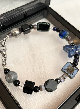 原创设计 甜辣个性酷girl蓝色蝴蝶做旧捷克琉璃手工串珠手链