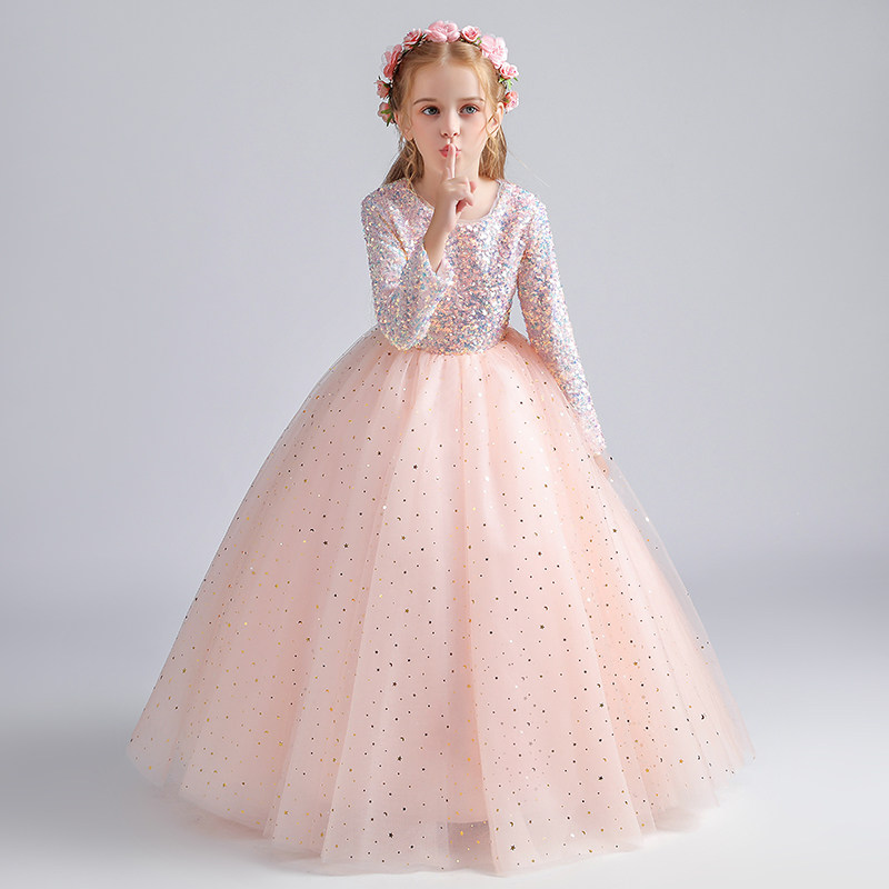 儿童礼服长袖秋冬女童公主裙生日小主持人钢琴演出服花童婚纱亮片,淘宝优惠券,粉丝福利购,淘宝优惠卷