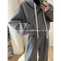 East ROOM Korean version 2023 Winter new pure color Lianhood plus suede short sweatshirt High waist wide leg pants Two sets