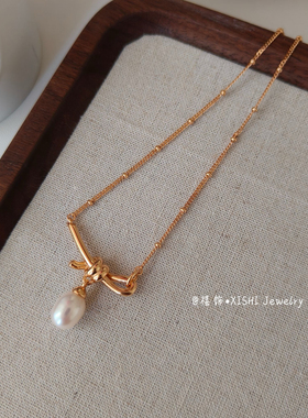 「禧饰」珍珠项链小众设计通体925银镀金绳结项链