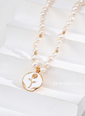 「禧饰」复古简约滴釉玫瑰花吊坠s925巴洛克珍珠锁骨链