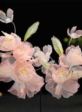 古代古风粉色软簪绢花侧边仙气