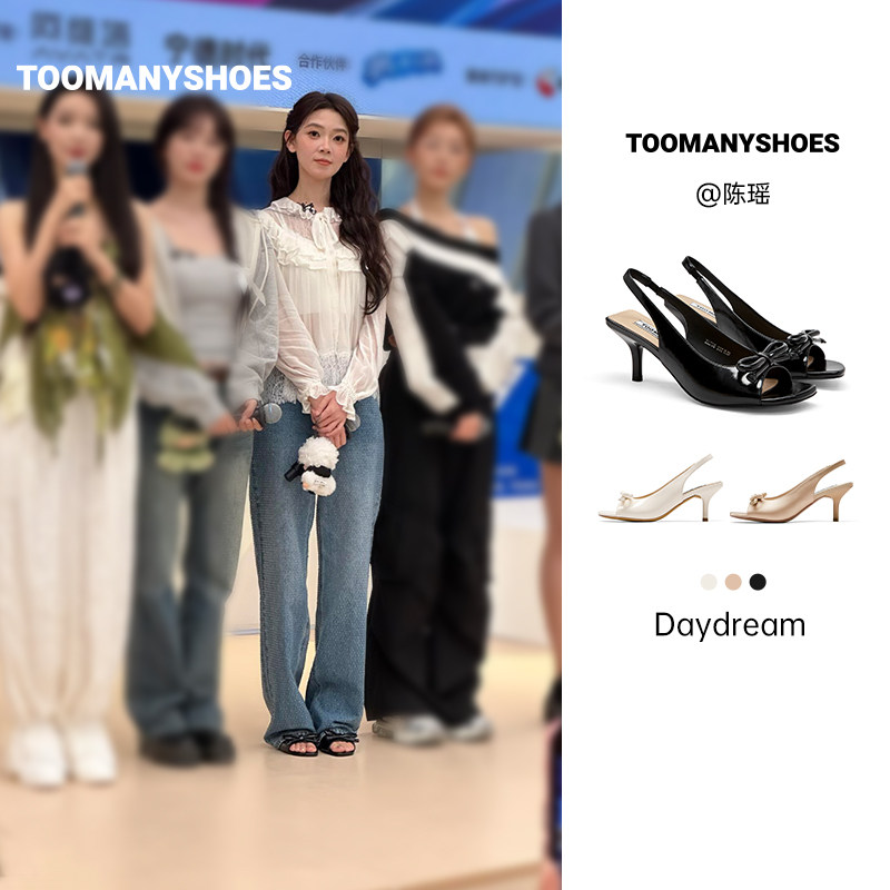 Toomanyshoes26夏季新款Daydream法式方头蝴蝶结露趾小猫跟凉鞋女