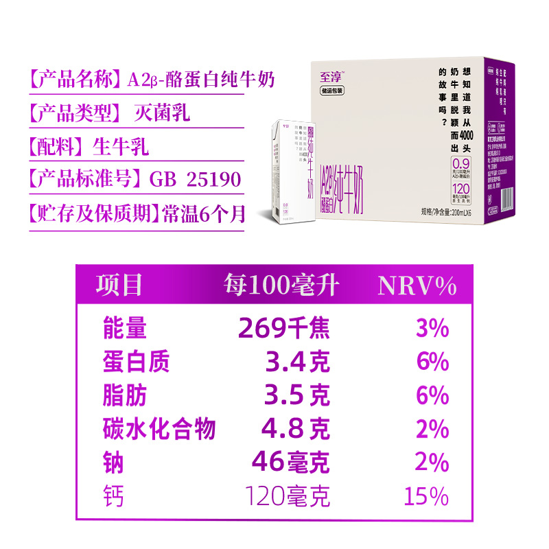 【新品上市】卫岗A2β-酪蛋白纯牛奶200ml*12盒生牛乳营养早餐奶