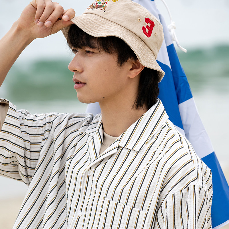 UrbanStandard日系条纹泡泡纱口袋衬衫男夏季宽松古巴领短袖衬衣,淘宝优惠券,粉丝福利购,淘宝优惠卷