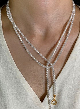 施家珍珠项链女小众名媛网红轻奢高级感小米珠长款叠戴颈链锁骨链