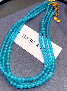 春夏蓝色猫眼石项链女串珠叠戴锁