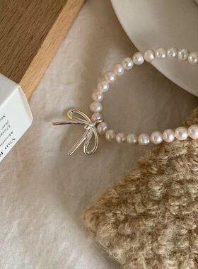 法式复古珍珠蝴蝶结镶钻项链网红