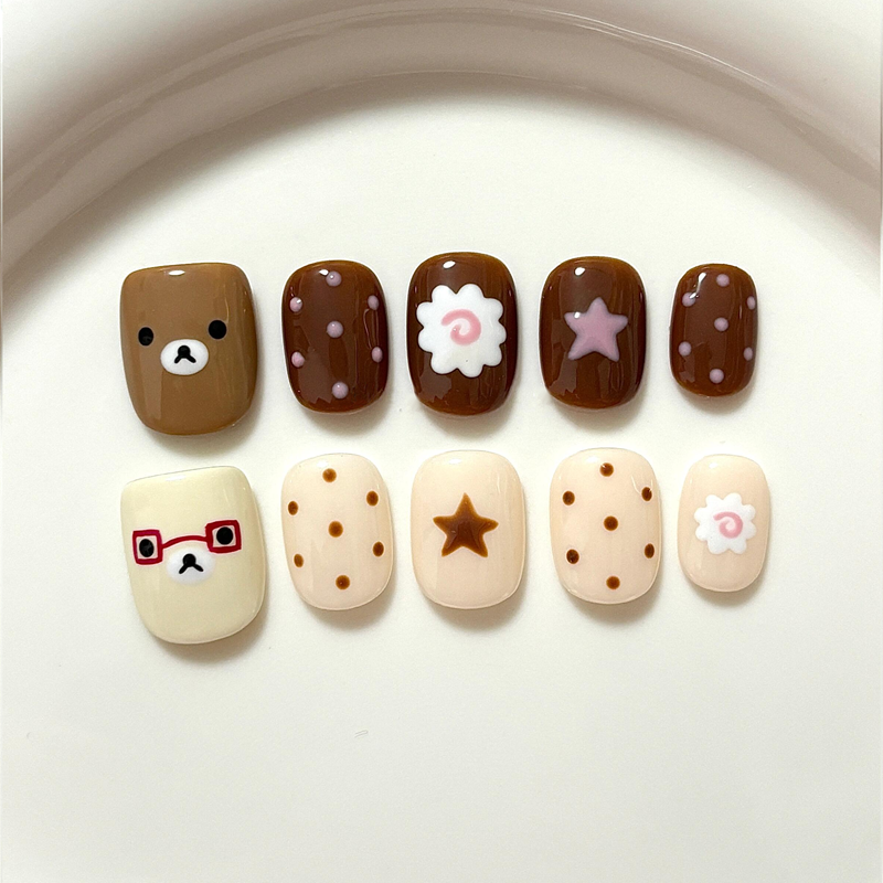 夏季新款可爱熊双拼手绘卡通波点学生半手工穿戴甲可拆卸短款美甲,淘宝优惠券,粉丝福利购,淘宝优惠卷