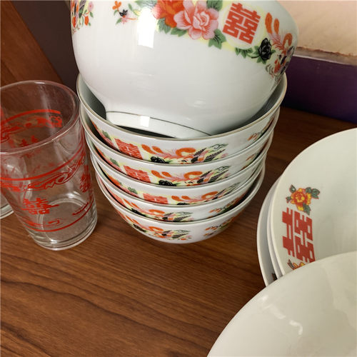 老式家用碗碟 喜字碗 菜碟米饭碗 陶瓷 微波炉可用 防烫餐饮饭碗 - 图2